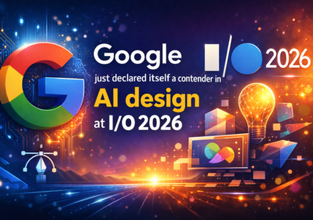 Google I/O 2026 stage showcasing AI design tools and creative product demos