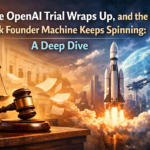 OpenAI courtroom scene with Elon Musk and AI startup controversy visualized