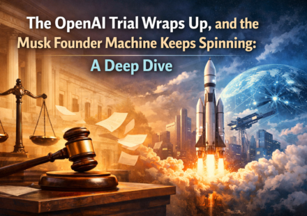 OpenAI courtroom scene with Elon Musk and AI startup controversy visualized