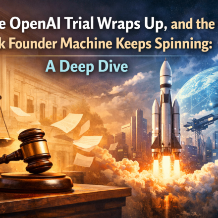 OpenAI courtroom scene with Elon Musk and AI startup controversy visualized