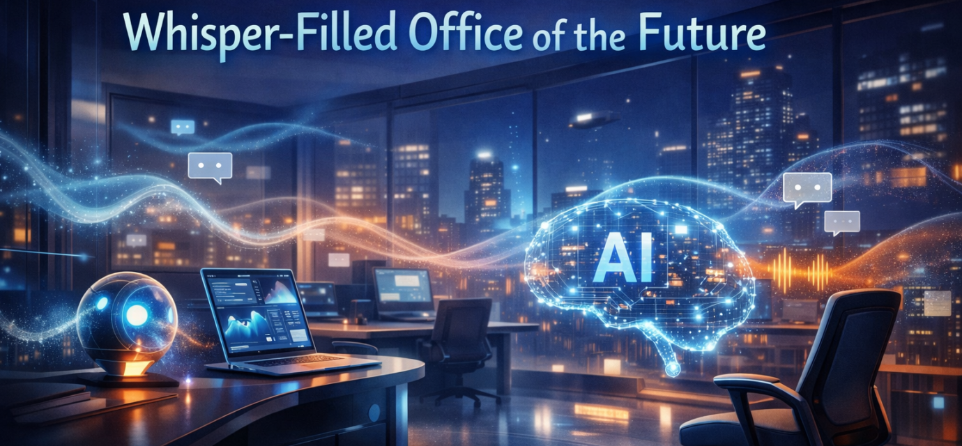 Modern office future with whisper-quiet workstations and AI-powered collaboration tools