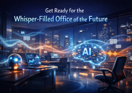 Modern office future with whisper-quiet workstations and AI-powered collaboration tools