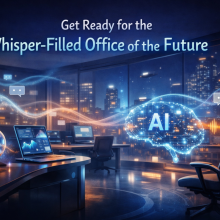 Modern office future with whisper-quiet workstations and AI-powered collaboration tools