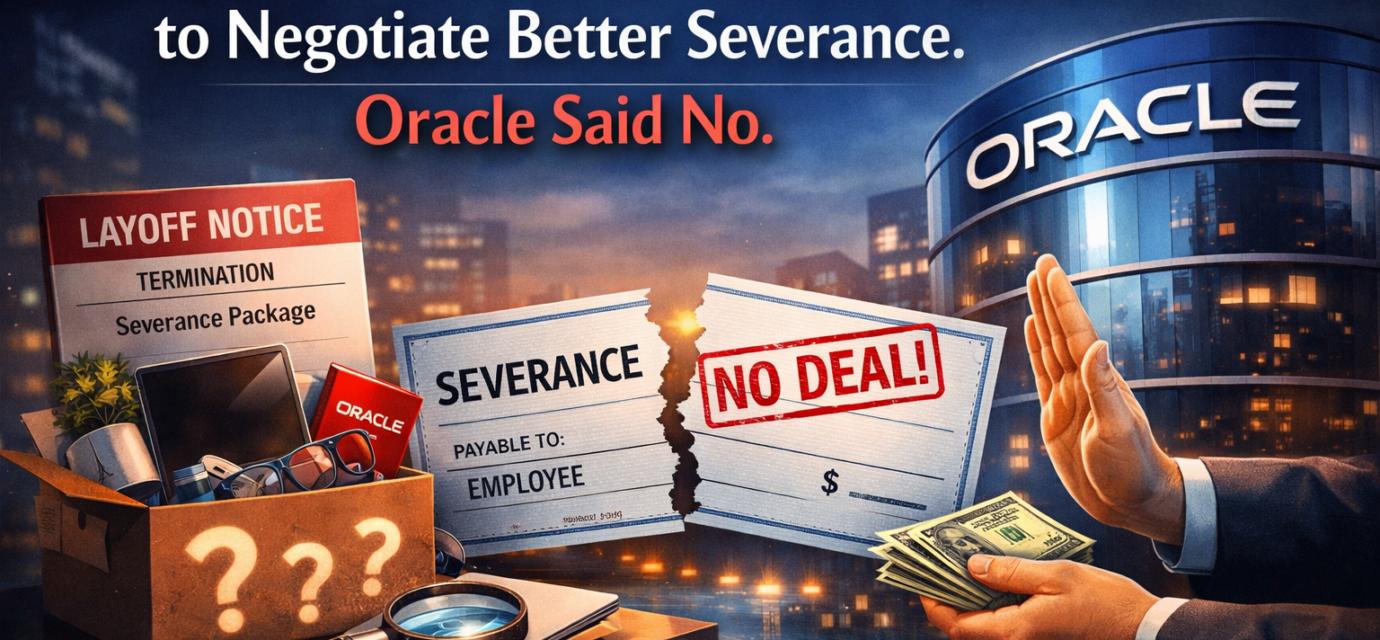 Laid-off Oracle employees discussing severance negotiations outside a corporate office