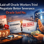 Laid-off Oracle employees discussing severance negotiations outside a corporate office