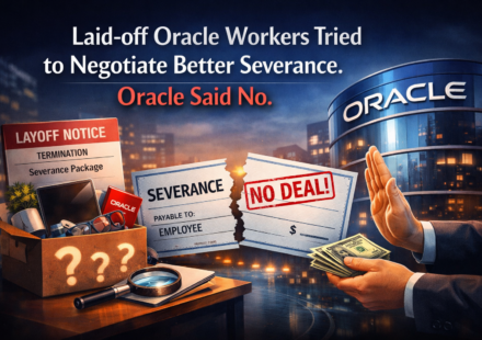 Laid-off Oracle employees discussing severance negotiations outside a corporate office