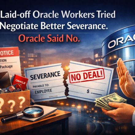 Laid-off Oracle employees discussing severance negotiations outside a corporate office